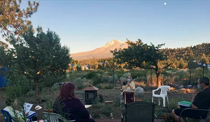 Outdoor gathering led by Willa Keizer at the foot of majestic Mount Shasta Outdoor gathering led by Willa Keizer at the foot of majestic Mount Shasta